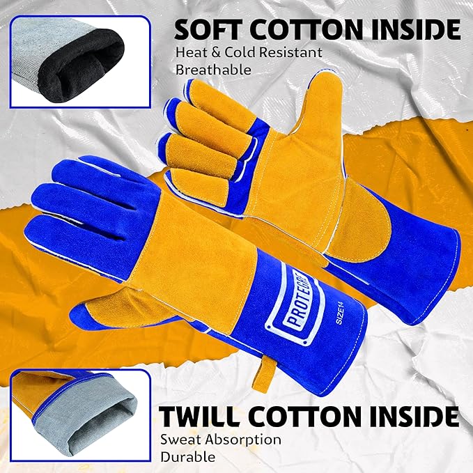 16” Welding Gloves – Heavy-Duty Heat & Flame Resistant Cowhide Leather, Kevlar-Stitched, 932℉ Protection for MIG, Stick, Forge, Fireplace, BBQ, Wood Stove (𝐁𝐥𝐮𝐞/𝐘𝐞𝐥𝐥𝐨𝐰)