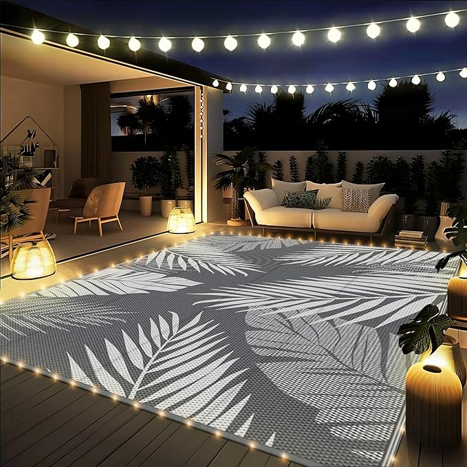 GENIMO Outdoor Rug 6' x 9' Waterproof for Patios Clearance, Reversible Outdoor Plastic Straw Camping Rug Carpet with LED String Light, Area Rugs Mats for RV, Camper, Deck, Balcony, Porch, Grey&White