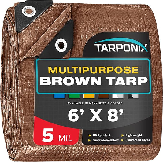 Brown Poly Tarp 6’ x 8’ – Lightweight 5 Mil Waterproof Cover – Durable, Weatherproof, Multipurpose Protection for Camping, Roofing, Construction