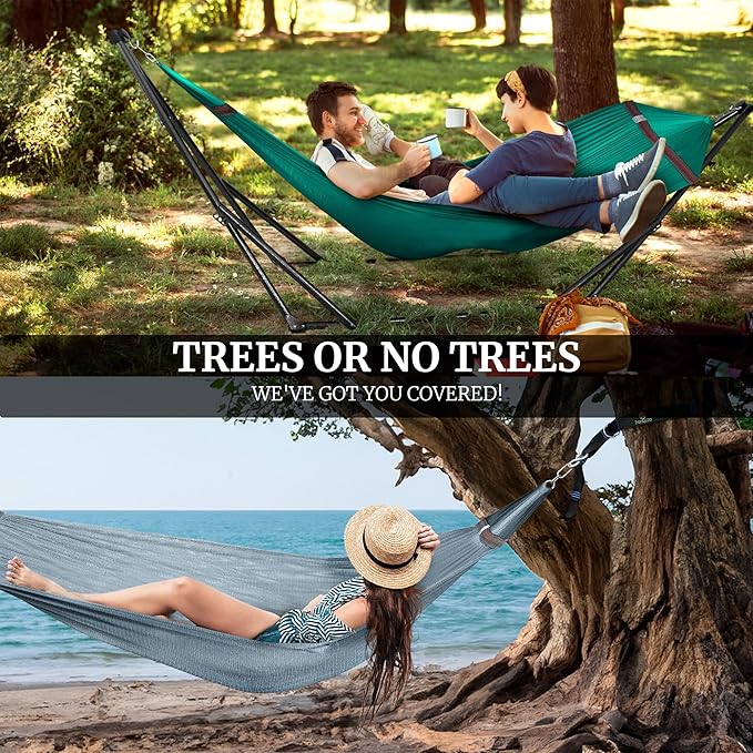 Tranquillo Combo x2 Hammocks with Stand for Outside & Tree Straps, Heavy Duty Hammock with Stand 600lbs for Indoor Outdoor Patio Backyard, x2 Hammocks for 2 Person, Portable Carrying Bags, Peacock