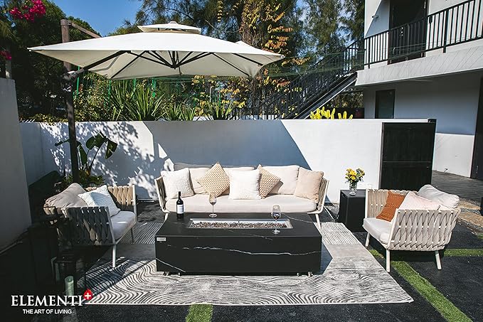 Elementi+ | Varna Gas Fire Pit | Marble Porcelain & Metal Frame | 60" Rectangular Fire Table | Electronic Ignition | Canvas Cover, Fire Glass & Burner Lid Included | Black | Propane Gas