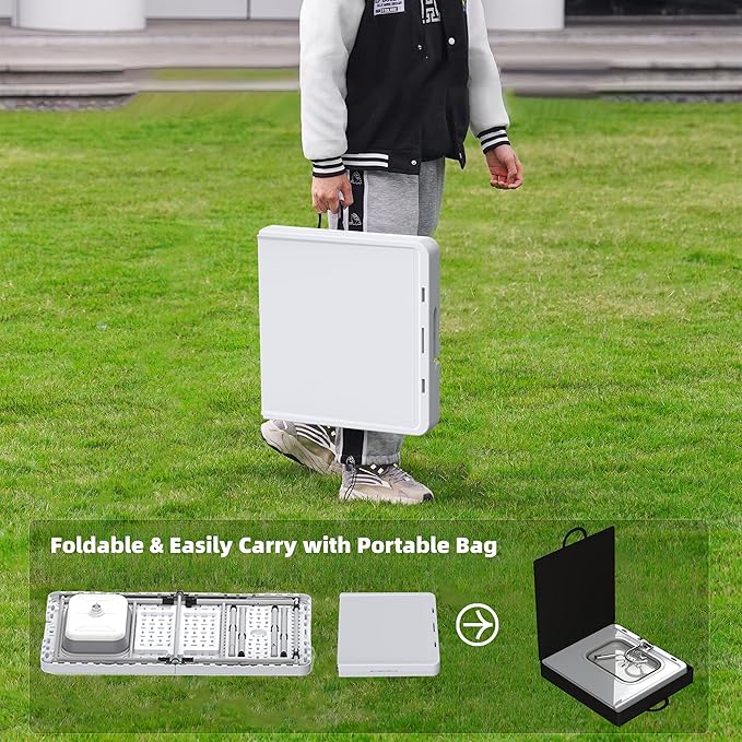 Allpop 50'' Folding Fish Cleaning Table with Foldable Sink, Fold-in-Half Portable Camping Fish Station with Foldable Faucet, Drainage Hose, Sprayer, Storage Box, Grooves & Carry Bag for Picnic, White