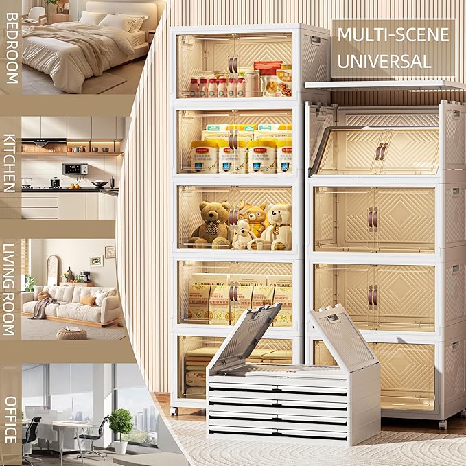 520 QT / 130 Gal Stackable Collapsible Storage Bins with Magnetic Doors & Wheels - Space-Saving Plastic Organizer Cabinet for Closet, Office, Home (White)