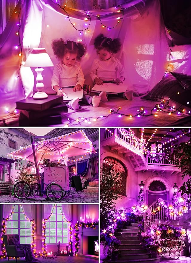 Brightown 2-Pack 400LED 170FT Total Halloween Solar Outdoor Lights IP65 Waterproof Solar Powered Lights with 8 Lighting Modes for Party Garden Yard Home Holiday Tree Decoration Lighting,Orange&Purple