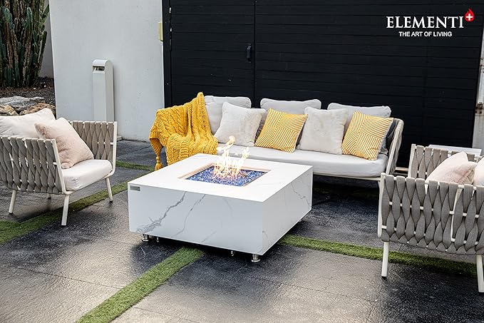 Elementi+ | Bianco Gas Fire Pit | Marble Porcelain & Metal Frame | 40" Square Fire Table | Electronic Ignition | Canvas Cover, Fire Glass & Burner Lid Included | White | Natural Gas