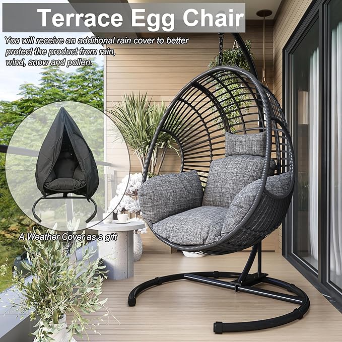 Hanging Egg Chair with Stand - Egg Swing Chair Outdoor Indoor Patio Wicker Chair Swing Hammock Egg Chairs 400lbs Capacity for Outside Patio, Bedroom, Garden and Balcony（Black, 1PC）