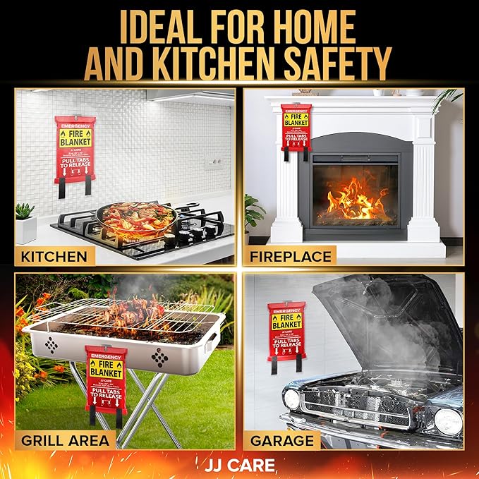 JJ CARE Fire Blanket – 8 Packs with Hooks and Gloves – Emergency Fire Blanket for Home & Kitchen, High Heat Resistant Fire Suppression Blankets for Home Safety, Kitchen, and Camping