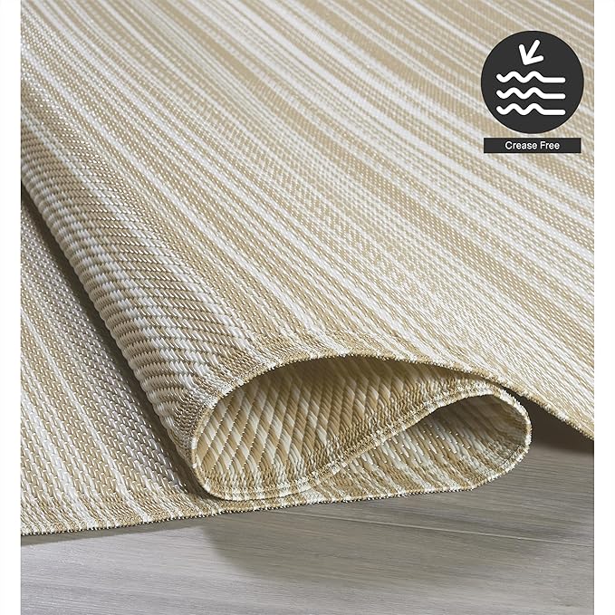 FH Home Outdoor Camping Rug - Waterproof, Fade Resistant, Reversible - Premium Recycled Plastic - Striped - Large Patio, Deck, Sunroom, RV - Havana - Beige - 9 x 18 ft Foldable