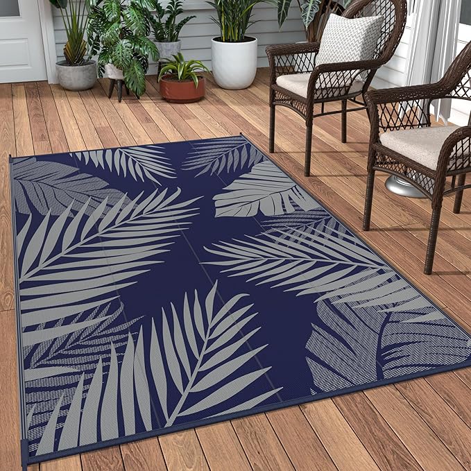 GENIMO Outdoor Rug 3' x 5' Waterproof for Patios Clearance, Reversible Outdoor Plastic Straw Camping Rug Carpet, Large Area Rugs Mats for RV, Camper, Deck, Balcony, Porch, Beach, Picnic Navy Blue&Grey
