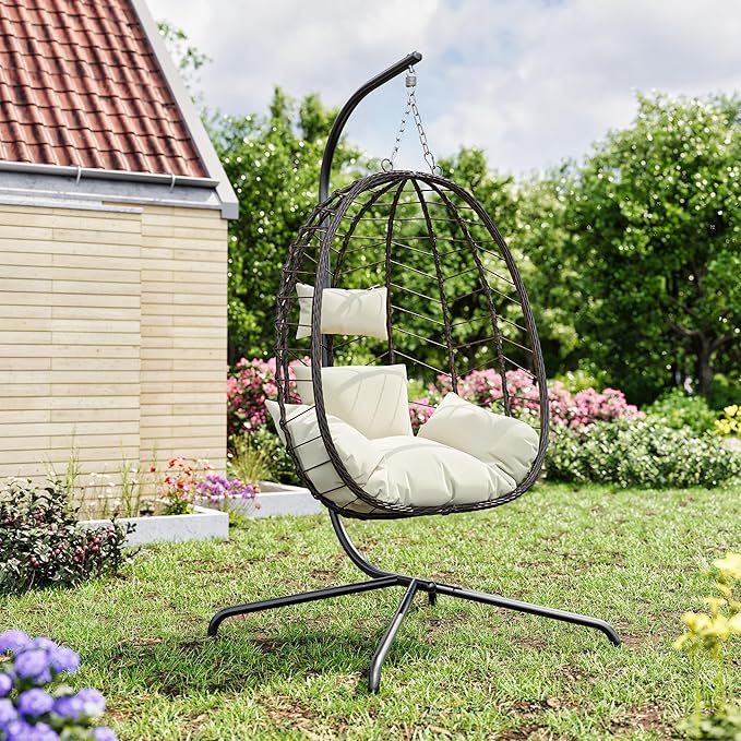 Egg Chair with Stand, Patio Wicker Bifanuo Hanging Chair, Hammock Swing Chair, 350LBS Capacity for Bedroom, Balcony, Garden(BR-BE)