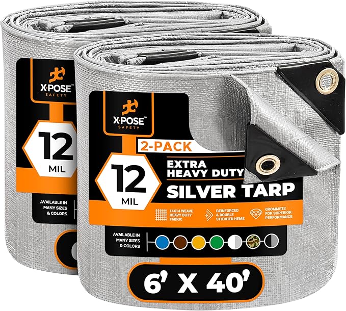 Heavy Duty Silver Poly Tarp 6' X 40' (2-Pack) - Multipurpose Protective Cover - Durable, Waterproof, Weather Proof, Rip and Tear Resistant - Extra Thick 12 Mil Polyethylene - by Xpose Safety