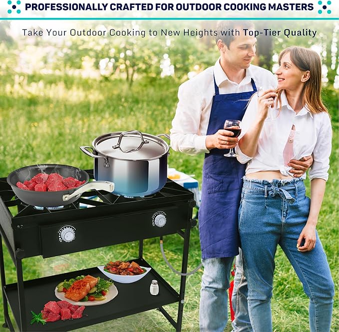 Double Burner Propane Stove Outdoor - 150,000 High btu 2 Burner Outdoor Stove W/Detachable legs & Bottom Shelf Double Propane Burners for Outdoor Cooking W/CSA-Approved 0-20 PSI Regulator & Hose