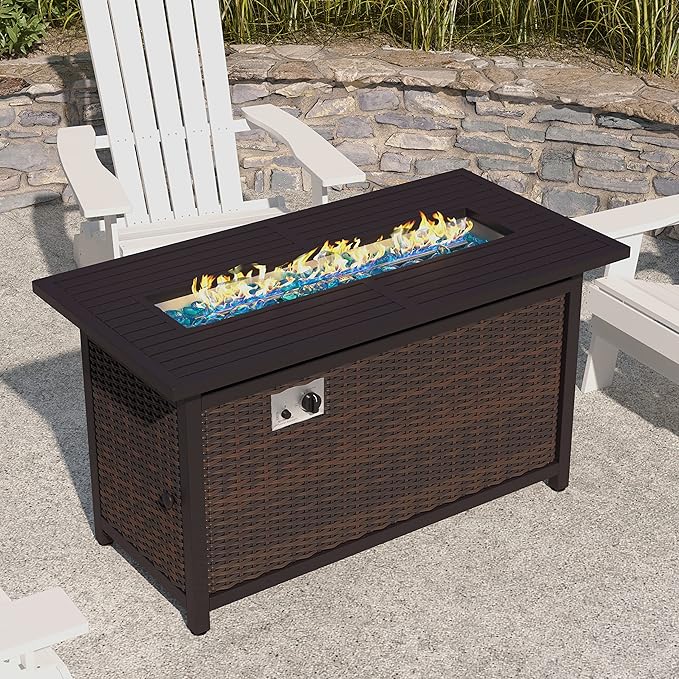 EMMA + OLIVER Ilya Propane Fire Table - Weather Resistant Wicker Base - Steel Top - 50,000 BTU's - Fits Standard Propane Tank (Not Included) - Includes Glass Beads