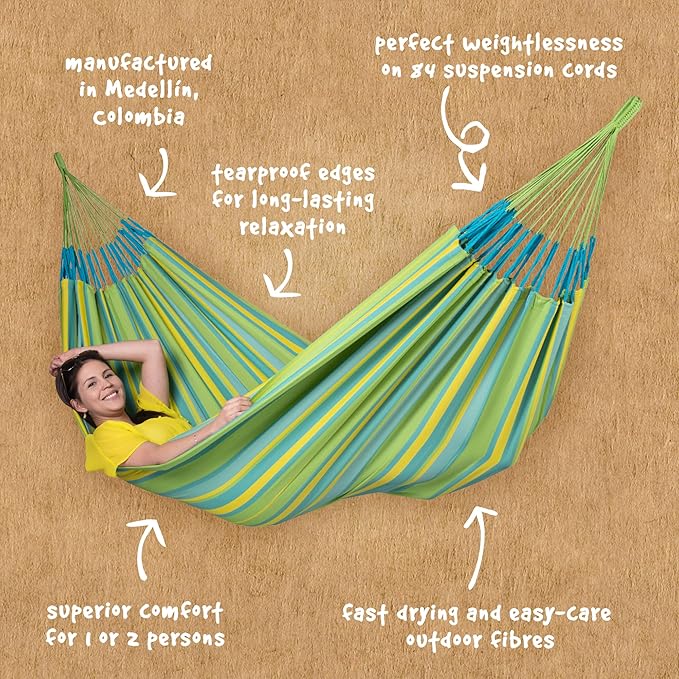 La Siesta® Large Double Brisa Classic Hammock, Outdoor Indoor Hammock Swing - Handmade Weather & Tear Resistant Patio Backyard Bedroom Hammock, Lime