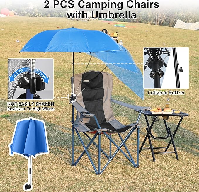 2 Pack Camping Chairs with Adjustable Umbrella-Folding Lawn Chair with American Flag Backrest-Heavy Duty Padded Camping Chair for Beach,Black