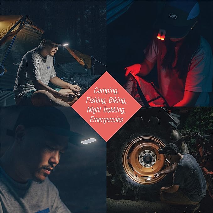 Claymore Capon 40B (Red) - LED Rechargeable Clip-On Cap Headlamp, Lightweight Hat Light for Camping, Running, Hiking, Emergency & Industrial Use, Waterproof, USB-C, Up to 12 Hours of Battery Life.