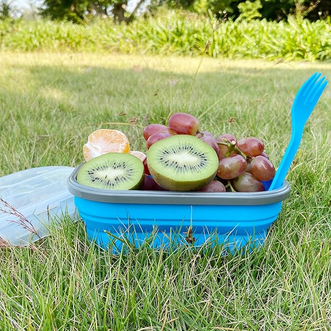 CARTINTS 800ml Collapsible Bento Lunch Box, Silicone Food Storage Container, with Leakproof Lids and Spoon, Microwave Freezer Safe, Blue