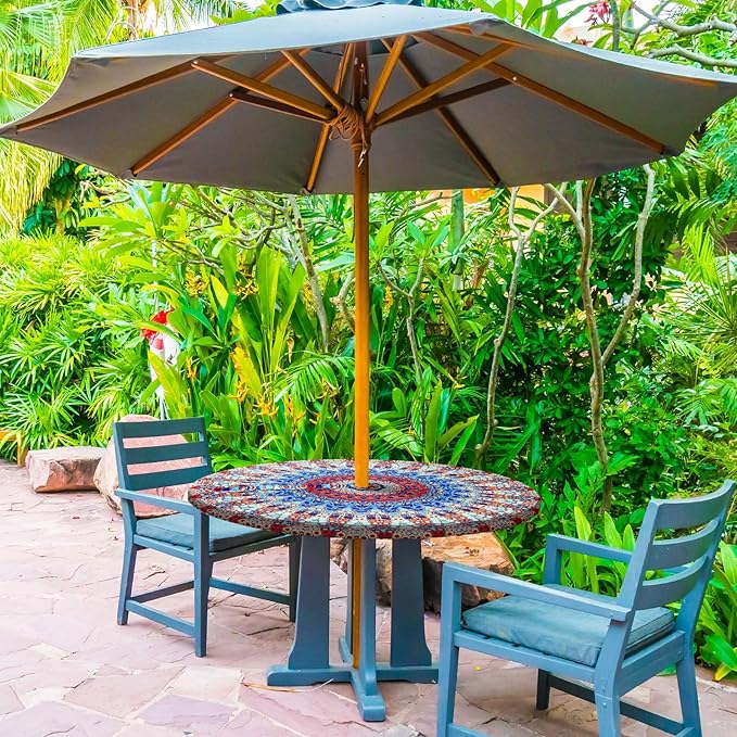 2 Pcs Round Outdoor Tablecloth with Umbrella Hole - Anti-Wrinkle Polyester Tablecloth with Elastic Zipper Table Cover for Summer Patio Camping Party(45''-53'',Mandala)