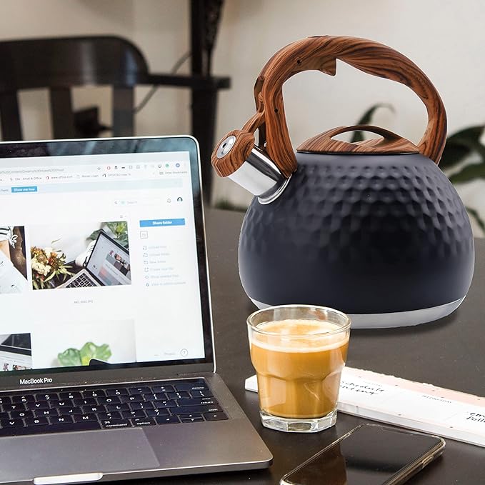 GGC Tea Kettle for Stove Top, Loud Whistling Kettle for Boiling Water Coffee or Milk, 3.1 Quart 3L Heavy Stainless Steel Black Kettle with Wood Pattern Handle, Unique Button Control Kettle Outlet