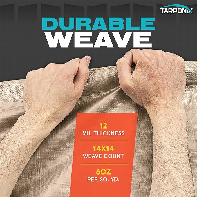 30' x 50' Extra Heavy-Duty Tan Poly Tarp – 12 Mil Thick, Waterproof, UV-Resistant Polyethylene with Reinforced Edges, Double-Stitched Hems, and Rustproof Grommets