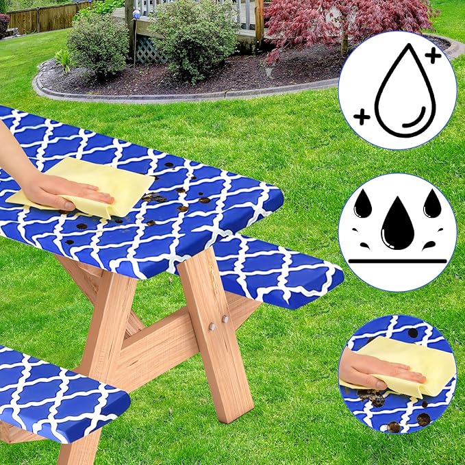 3 Pcs Set Fitted Picnic Table Cover with Bench Covers Vinyl Camping Table Cloth Flannel Backing Picnic Table Cloth for 6ft Tables Camping Outdoor (Blue Morocco, 30 x 72 Inches)