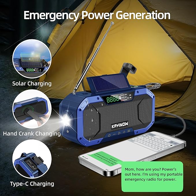 Hand Crank Emergency Weather Radio Solar Power with AM FM NOAA,Wind Up Flashlight,Cell Phone Charger, 5000mAh Rechargeable Battery,SOS Alarm,Portable,Waterproof,for Survival,Storm and Power Outage