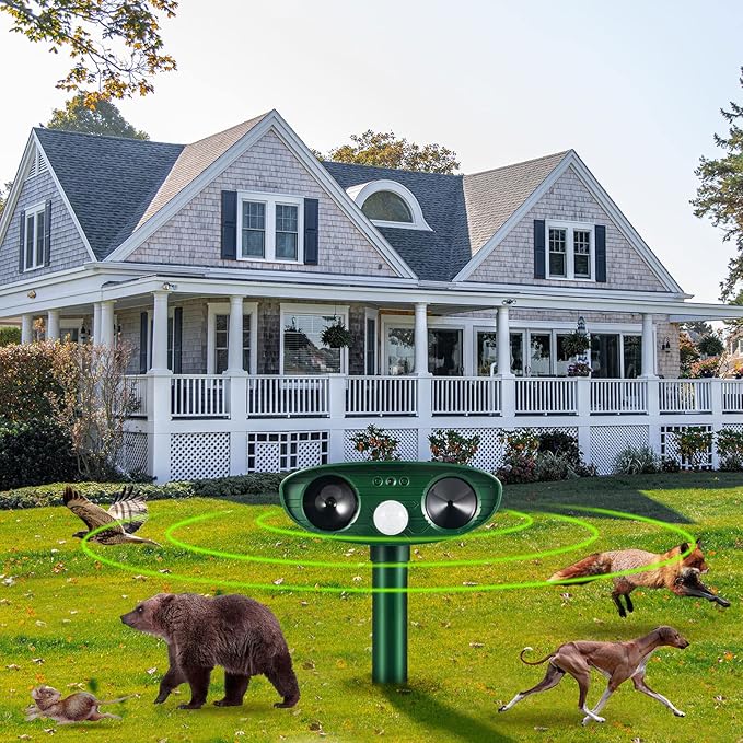 4 Pack Deer Repellent Devices,Ultrasonic Animal Repeller Outdoor Waterproof with Motion Sensor,Effective Solar Animal Deterrent to Scare Cat Dog Squirrel Rabbit Raccoon Skunk Repellent for Yard Garden