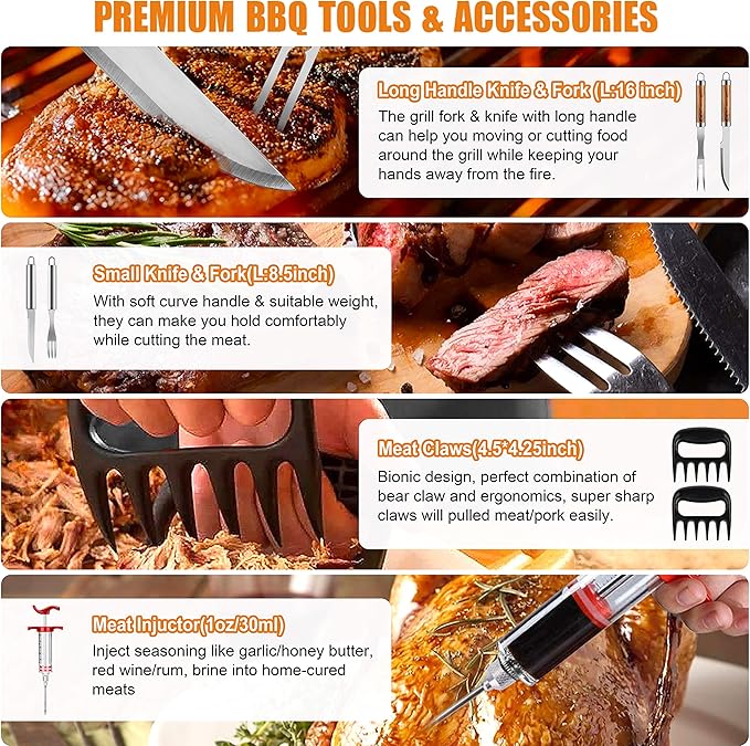BBQ Grill Accessories Set, 38Pcs Stainless Steel Grill Tools Grilling Accessories with Aluminum Case, Thermometer, Grill Mats for Camping/Backyard Barbecue, Grill Set for Men Women