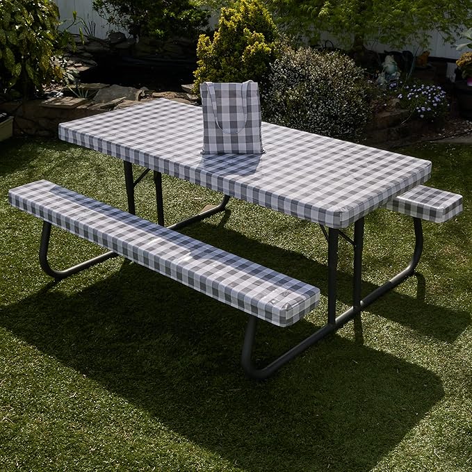 Hudson Comfort Picnic Table Cover with Bench Covers – 500 GSM Reusable Heavy Duty Vinyl Outdoor Table Cover - Waterproof Picnic Tablecloth with Carry Case (Gray, 72 Inch (6 Feet))
