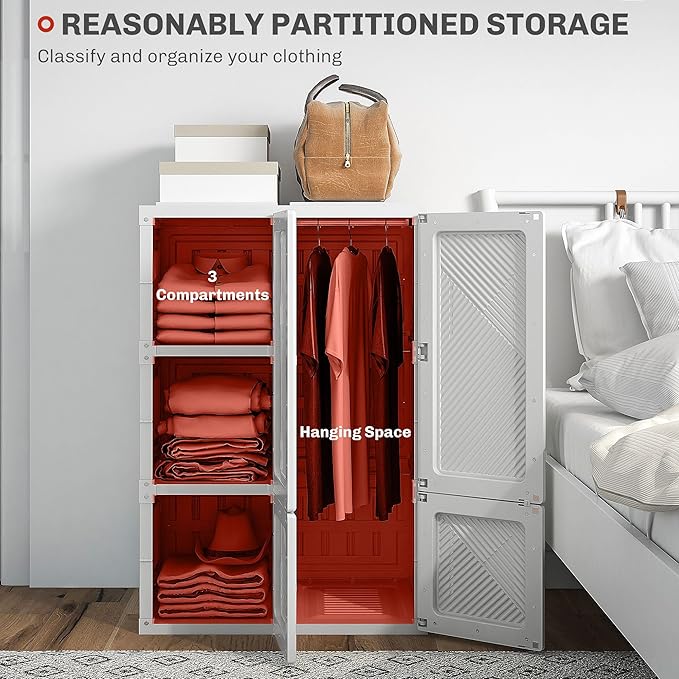 HOMCOM Folding Wardrobe Closet with Hanging Rod, Portable Clothes Storage Organizer with 3 Cube Compartments and 4 Magnet Doors, White