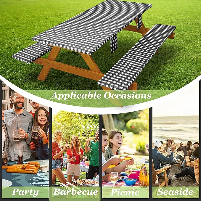 Fitted Picnic Table Cover with Bench Covers Waterproof Elastic Edges Rectangle Patio Tablecloth Outdoor Camping Essentials Stuff Rv Accessories Summer Trip Travel Supplies Party Camper Gifts, 6 ft