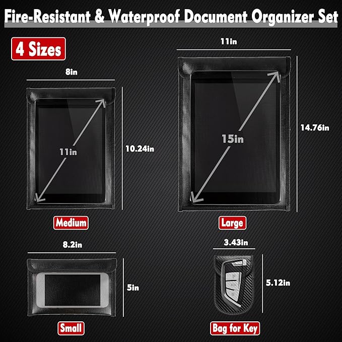 4 Pack Waterproof Fireproof Money Document Bags with a Faraday bag for car keys Fob Protector, Resistant Storage Organizer Pouch for Cash Documents, Secure Protection for Valuables
