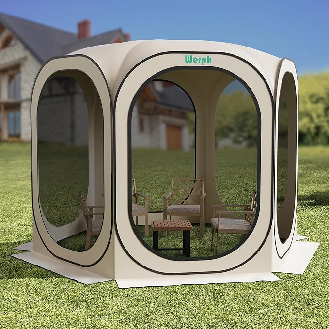 Screen Tent Pop-Up, Portable Tent Canopy with Mesh Mosquito Net, Screen House Room Canopy Shade Screen Houese 10x 10 FT with Carry Bag for Patio, Backyard, Sports & Outdoors Activities, Beige