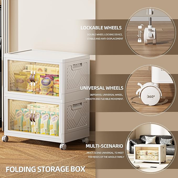 168 QT / 42 Gal Magnetic Door Storage Bins Collapsible Stackable w/1 Lid, Heavy Duty Plastic Cabinet with Wheels for Home Office Organization (White)