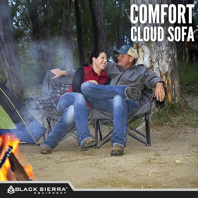 Black Sierra Double Camping Chair for Adults, Oversized Folding Loveseat Supports 600 lbs, Plush Padded Outdoor Couch with Cup Holders and Carry Bag for Beach, Patio, RV, or Tailgating Events
