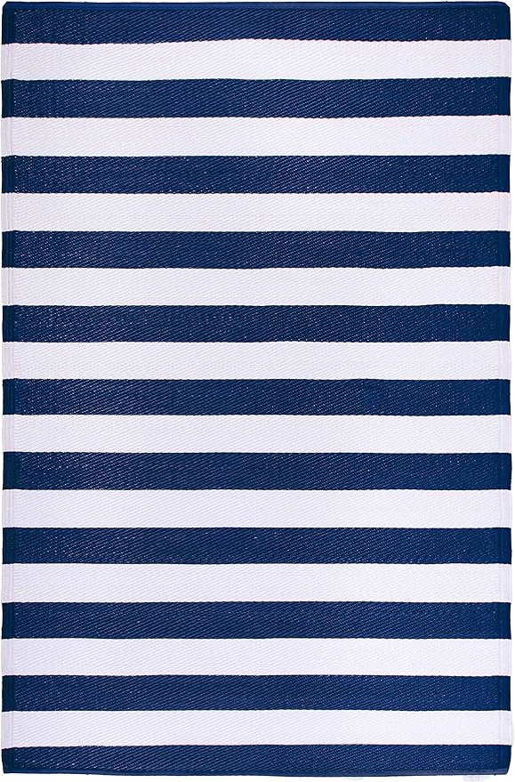 FH Home Outdoor Rug - Waterproof, Fade Resistant, Reversible - Premium Recycled Plastic - Striped - Large Patio, Deck, Sunroom, Camping, RV - Brittany Stripe - Blue & White Crease Free - 5 x 8 ft