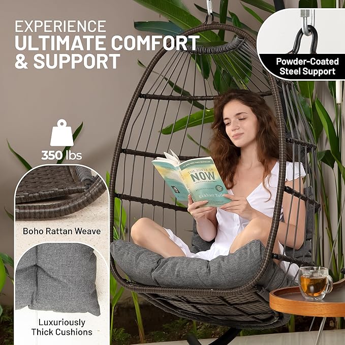 SereneLife Foldable Egg Chair with Stand – Hanging Rattan Wicker Swing for Indoor Outdoor Use – 350 lbs Capacity, Breathable Cushion & Headrest – Patio, Balcony, Porch, Bedroom Lounge Furniture