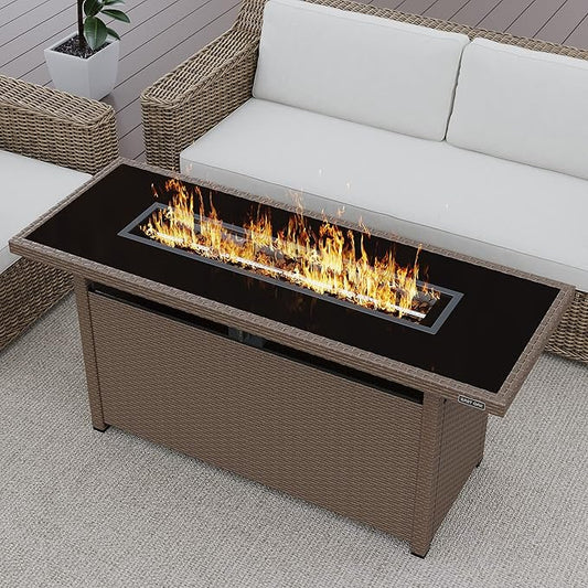 EAST OAK 57" Gas Fire Pit Table, 60,000 BTU Propane Fire Pit w/Large Tempered Glass Desktop, CSA Certified Outdoor Patio Fire Table with 9.2lb Glass Stone & Removable Lid, Chocolaty Coffee