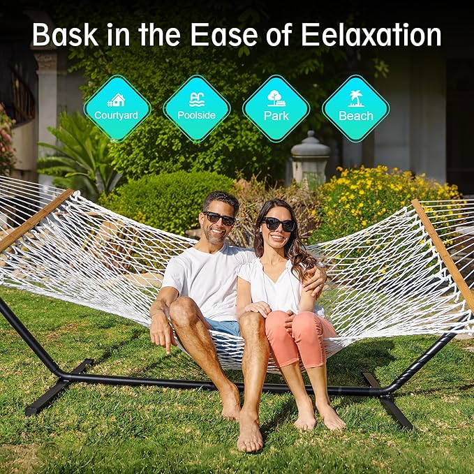 Double Hammock for 2 Person, Handwoven Cotton Rope Hammock with Spreader Bar Without Stand - Indoor & Outdoor Use for Patio, Poolside, Backyard (Off White)