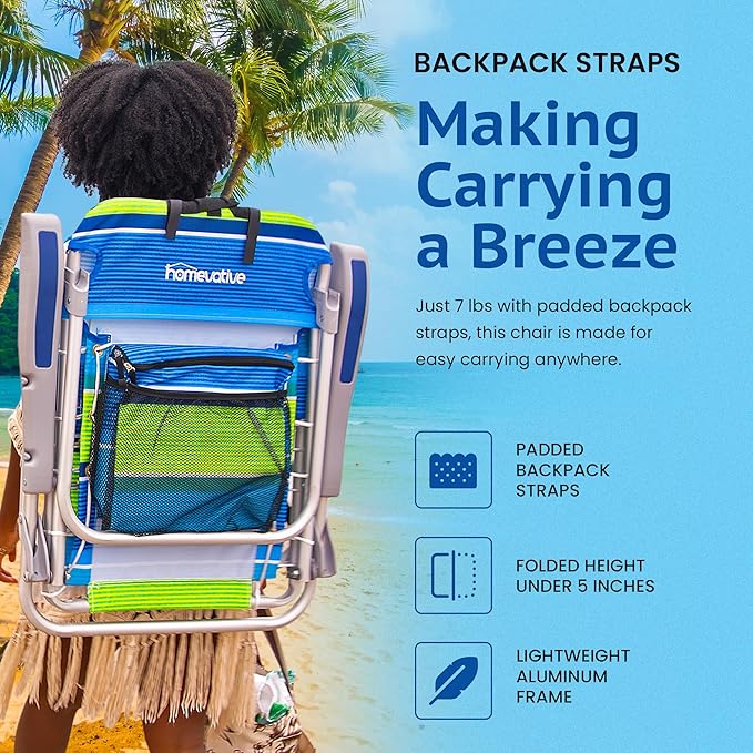 Homevative Backpack Fold-Up Beach Chair, 5 Positions, Towel bar, Cooler, Storage Pouch, Cup Holder and Phone Pocket