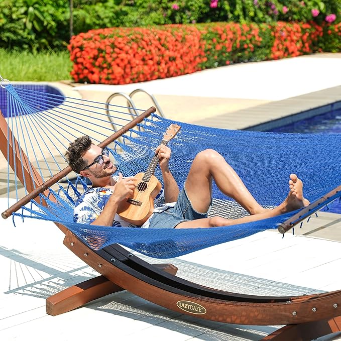 Lazy Daze Hammocks 10.5 FT Double 2 Person Caribbean Rope Hammock, Hand Woven Polyester Hammock with Spreader Bars, for Outside Outdoor Backyard Patio Poolside,450 LBS Capacity, Blue
