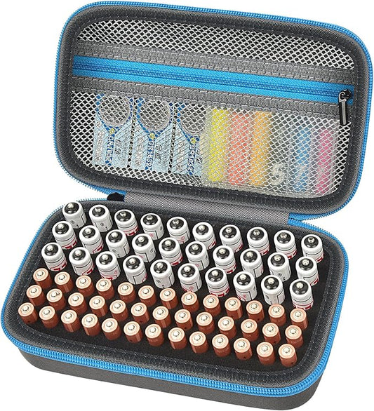 Battery Organizer Storage Holder Case Box for 69+ Batteries AA AAA C Cell 9V 3V Lithium - No Tester Included (Blue)