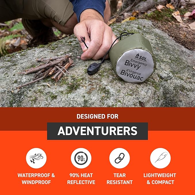 Survive Outdoors Longer 90% Emergency Bivvy - Comes with Survival Whistle & Tinder Paracord Drawstring - Add to Emergency Kit & Hiking Gear - Waterproof, Windproof & Tear-Resistant