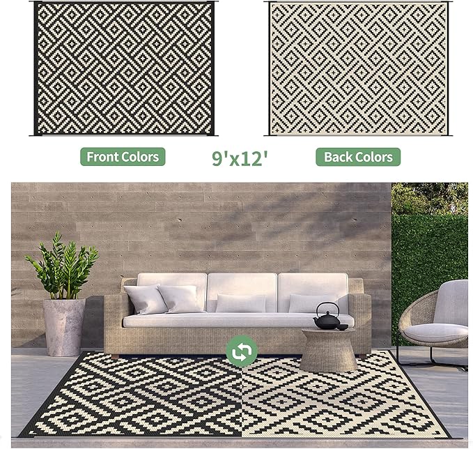 GENIMO Outdoor Rug for Patio Clearance,9'x12' Waterproof Large Mat,Reversible Plastic Camping Rugs,Rv,Porch,Deck,Camper,Balcony,Backyard (Black & Beige)