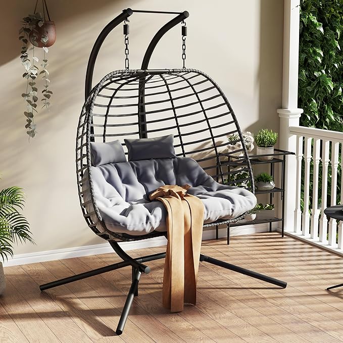 Double Hanging Egg Chair wth Stand, Patio Hammock Swing Chair with Cushion Loveseat for Bedroom, Balcony, Garden, Indoor, Outdoor