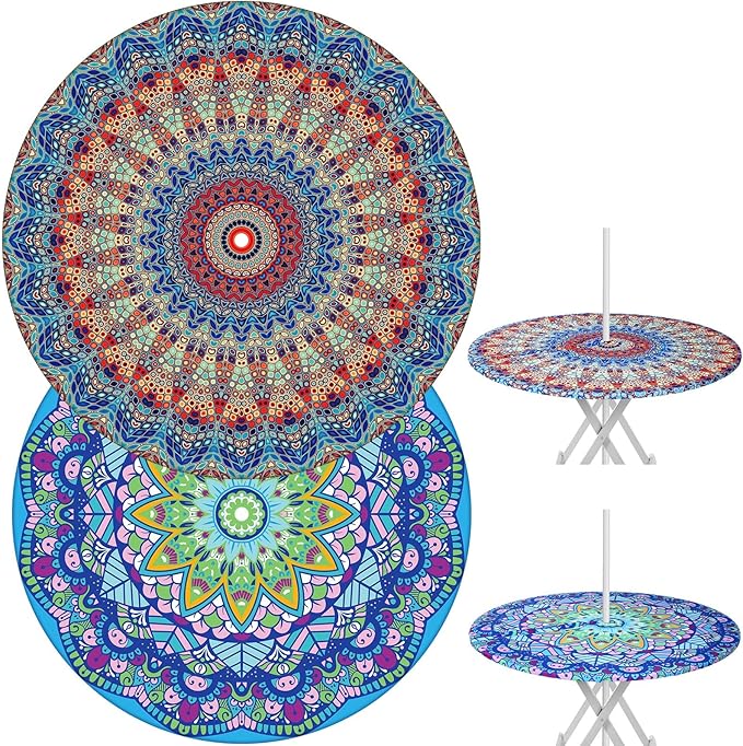 2 Pcs Round Outdoor Tablecloth with Umbrella Hole - Anti-Wrinkle Polyester Tablecloth with Elastic Zipper Table Cover for Summer Patio Camping Party(36''-44'',Mandala)