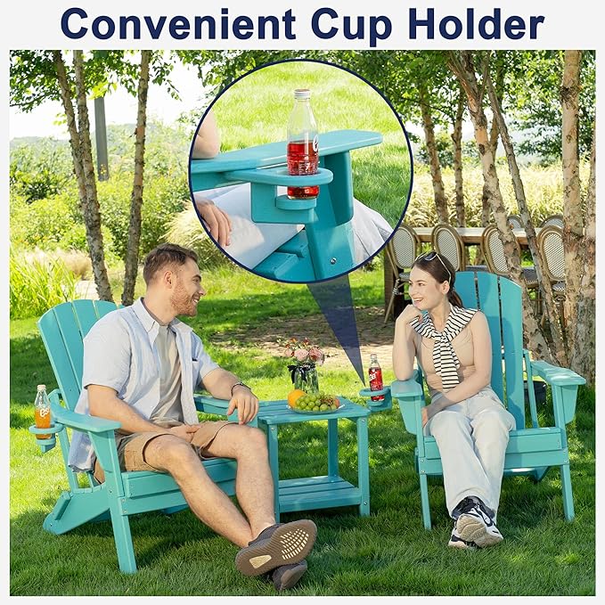 Folding Adirondack Chair, SGS Tested, Wooden Textured with Cup Holder, Heavy All-Weather HDPE Comfortable Set Poolside Backyard Lawn Aruba Blue Set 4