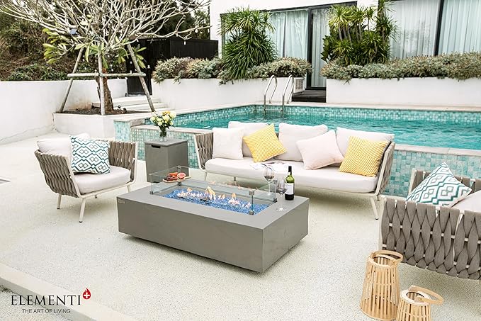 Elementi+ | Bundle Meteora Gas Fire Pit Cast Concrete 56" Rectangular Fire Table, Outdoor Fire Pit Electronic Ignition | Canvas Cover, Fire Glass and Burner Lid Included | Light Gray | Natural Gas