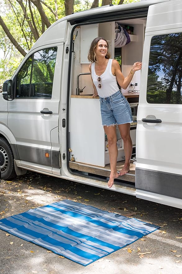 CGEAR RV Comfort Mat – Patented Sand-Free Technology with Ultra Soft Material – Sized to Your RV, Campsite, Beach House – Great Outdoor Patio Rug for RV and Camping (Navy Dynamic Stripe, 4' x 5')