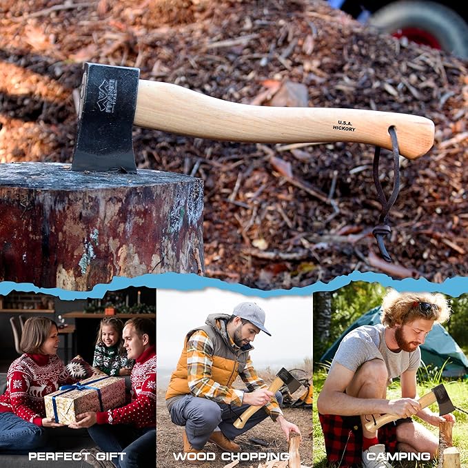 Prandi Axes Yankee C45 Forged Carbon Steel Hatchet - Hickory Handle with Leather String - Ideal for Camping, Travel and Bushcraft - S/N 3.043.06.TH - 15" L x 5.3" 1W, 600g Polished Head, No Sheath